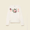 Pull col rond manches longues brod&eacute; ecru femme