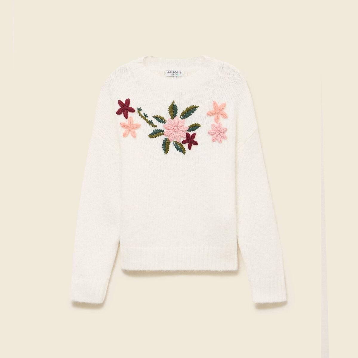 Pull col rond manches longues brod&eacute; ecru femme