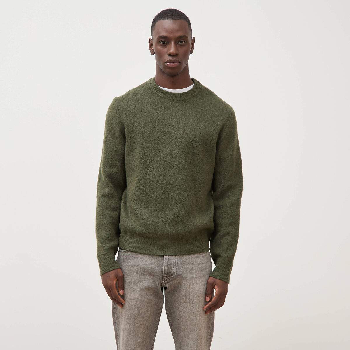 Pull droit col rond manches longues vert kaki homme