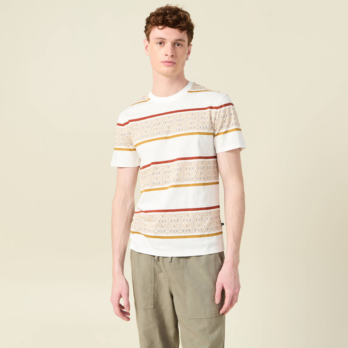 T-shirt ray&eacute; col rond manches courtes ecru homme