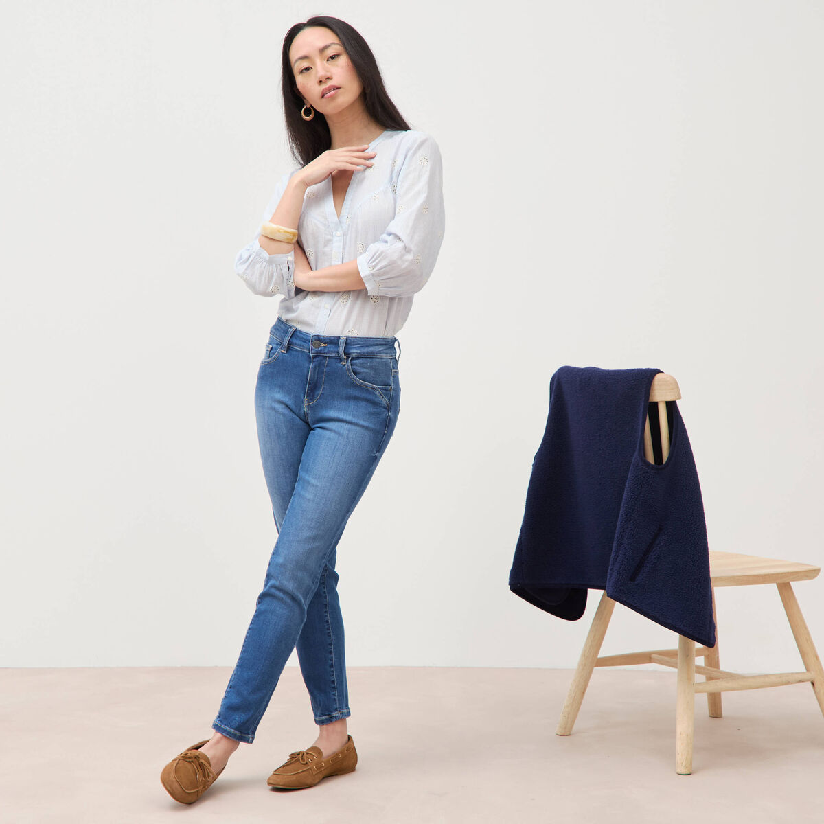 Jeans slim 7/8&egrave;me denim stone femme