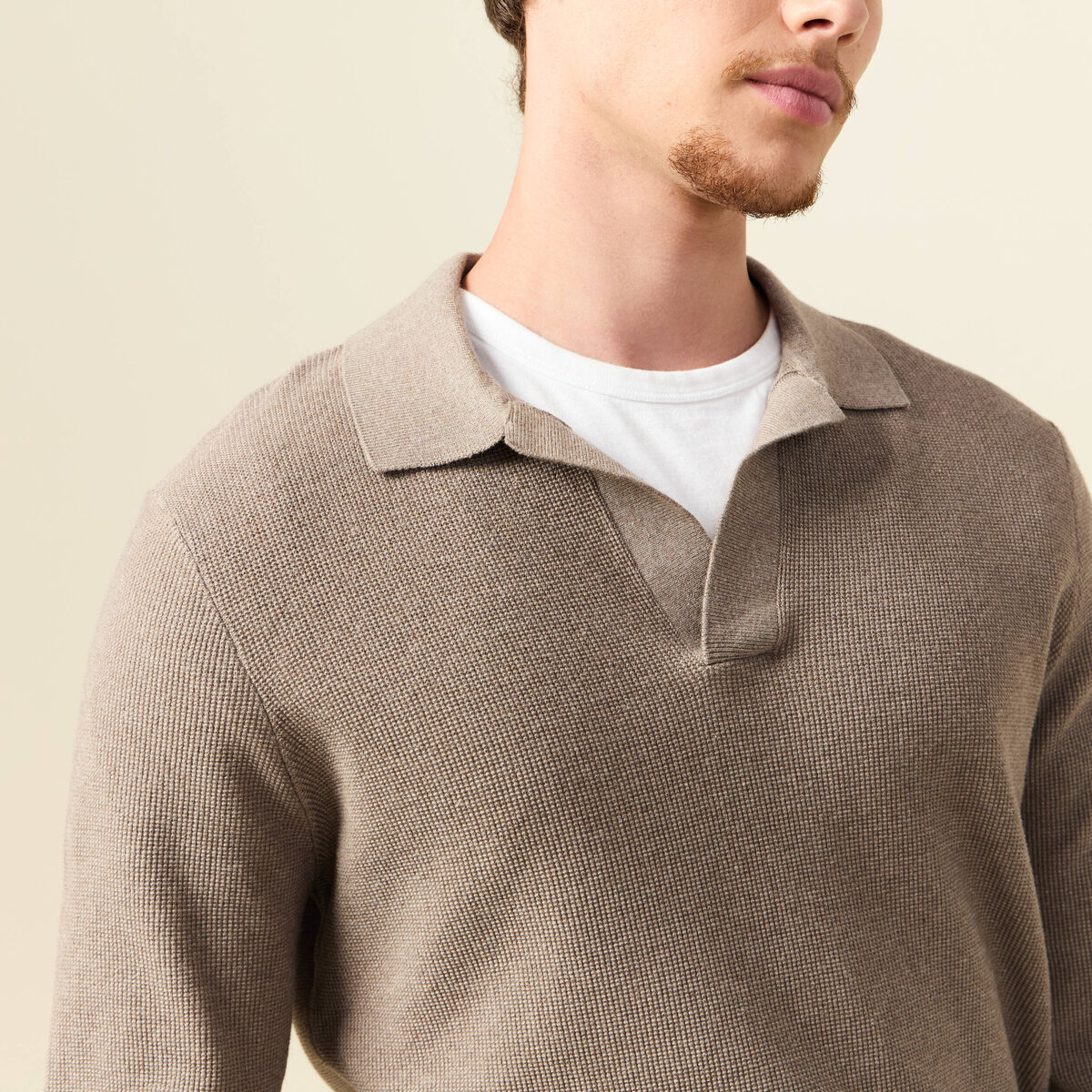 Pull droit col polo manches longues vert kaki homme