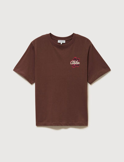 T-shirt droit en coton manches courtes marron cognac femme