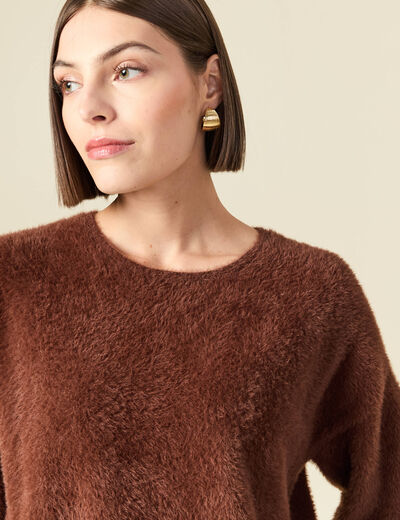 Pull droit court manches coude col rond marron femme