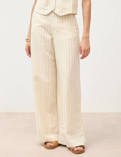 Pantalon large taille haute ceinture jaune pastel femme