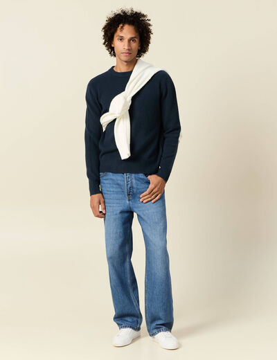 Pull manches longues col rond bleu marine homme