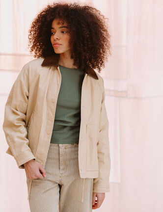 Veste oversize mi-longue en coton beige femme