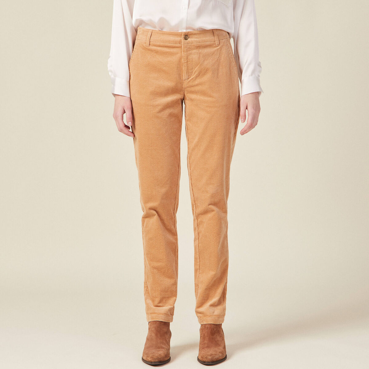 Pantalon chino velours côtelé marron clair femme