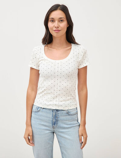 T-shirt ajust&eacute; col rond manches courtes ecru femme