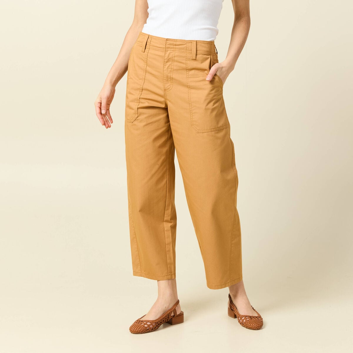 Pantalon barrel cargo taille standard jaune moutarde femme
