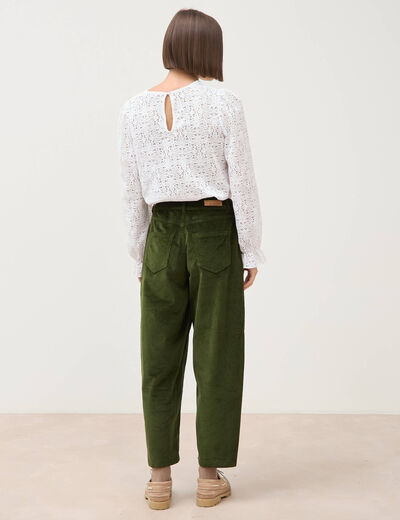 Pantalon taille haute velours resserr&eacute; vert fonc&eacute; femme
