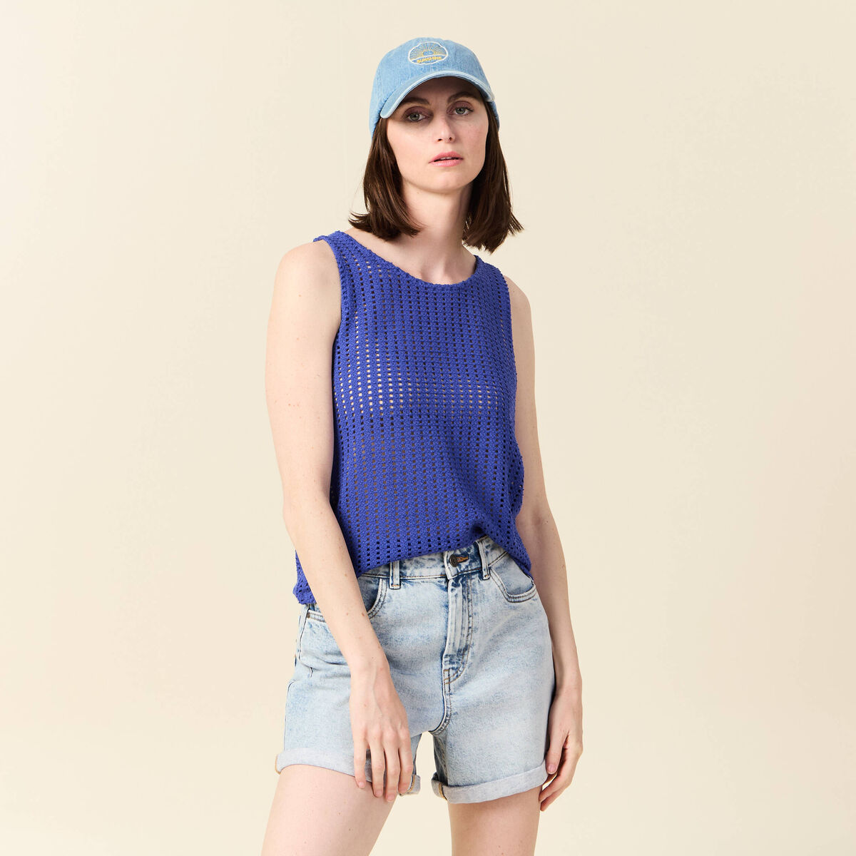Débardeur sans manches ajouré bleu violet femme