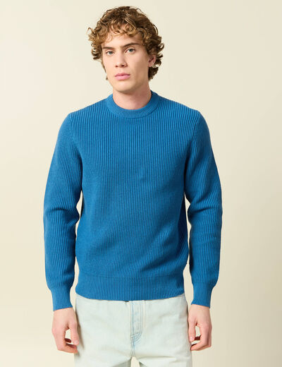 Pull fin manches longues col rond bleu fonc&eacute; homme