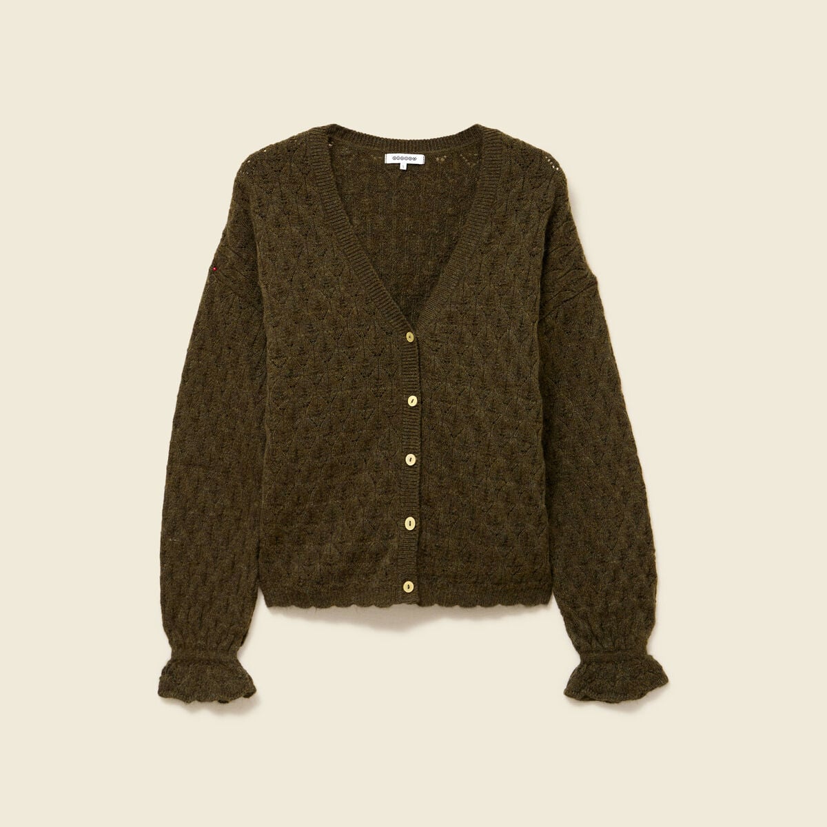 Gilet ajour&eacute; droit court col v vert kaki femme