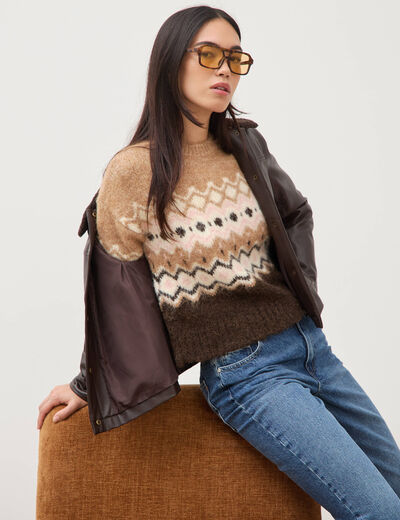 Pull droit col rond manches longues marron femme