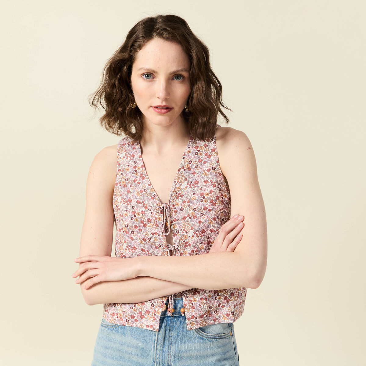 Gilet sans manches noué ivoire femme
