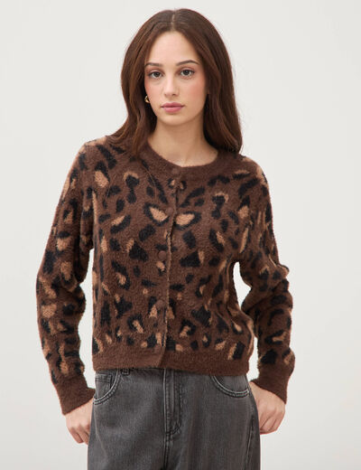 Gilet manches longues col rond marron fonc&eacute; femme