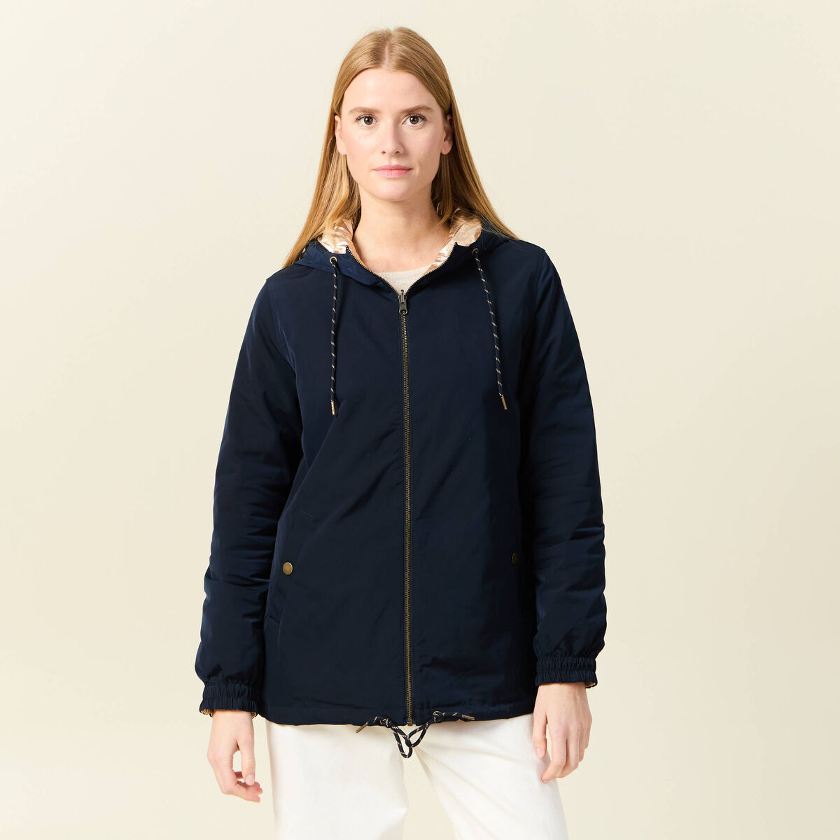 Parka r&eacute;versible &agrave; capuche bleu marine femme