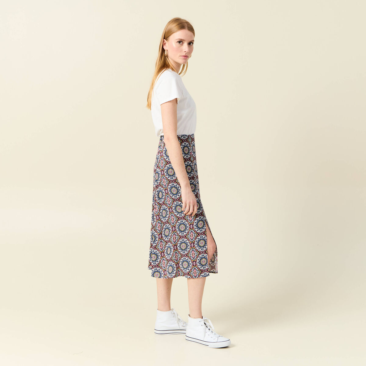 Jupe midi droite fendue bleu marine femme