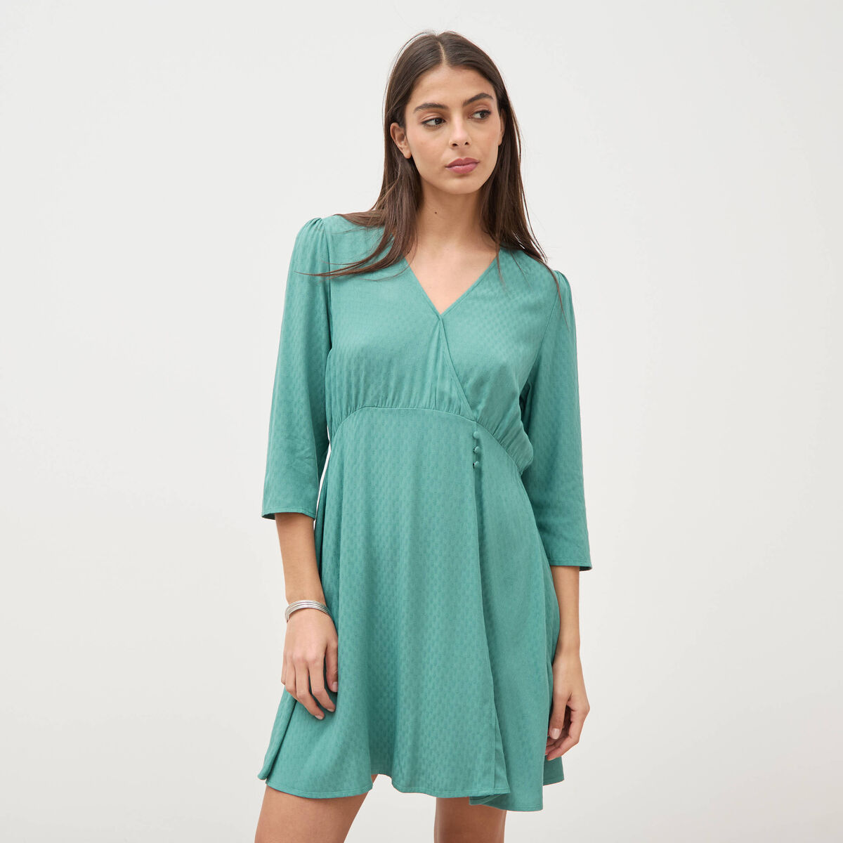 Robe manches longues col v vert femme