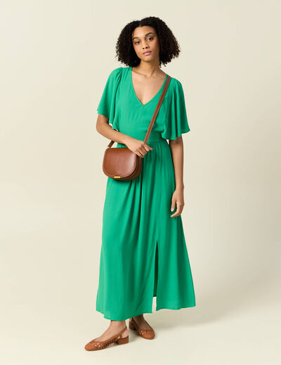 Robe longue évasée fendue vert femme