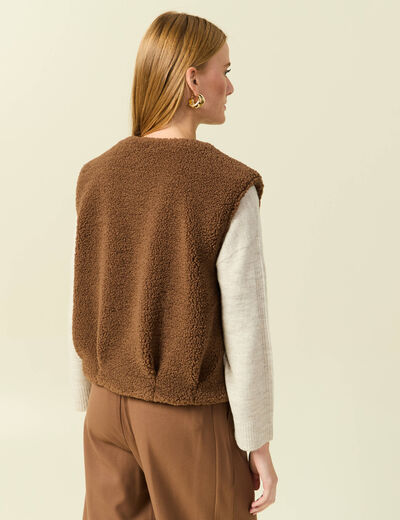 Gilet sans manches bouclette col rond marron femme