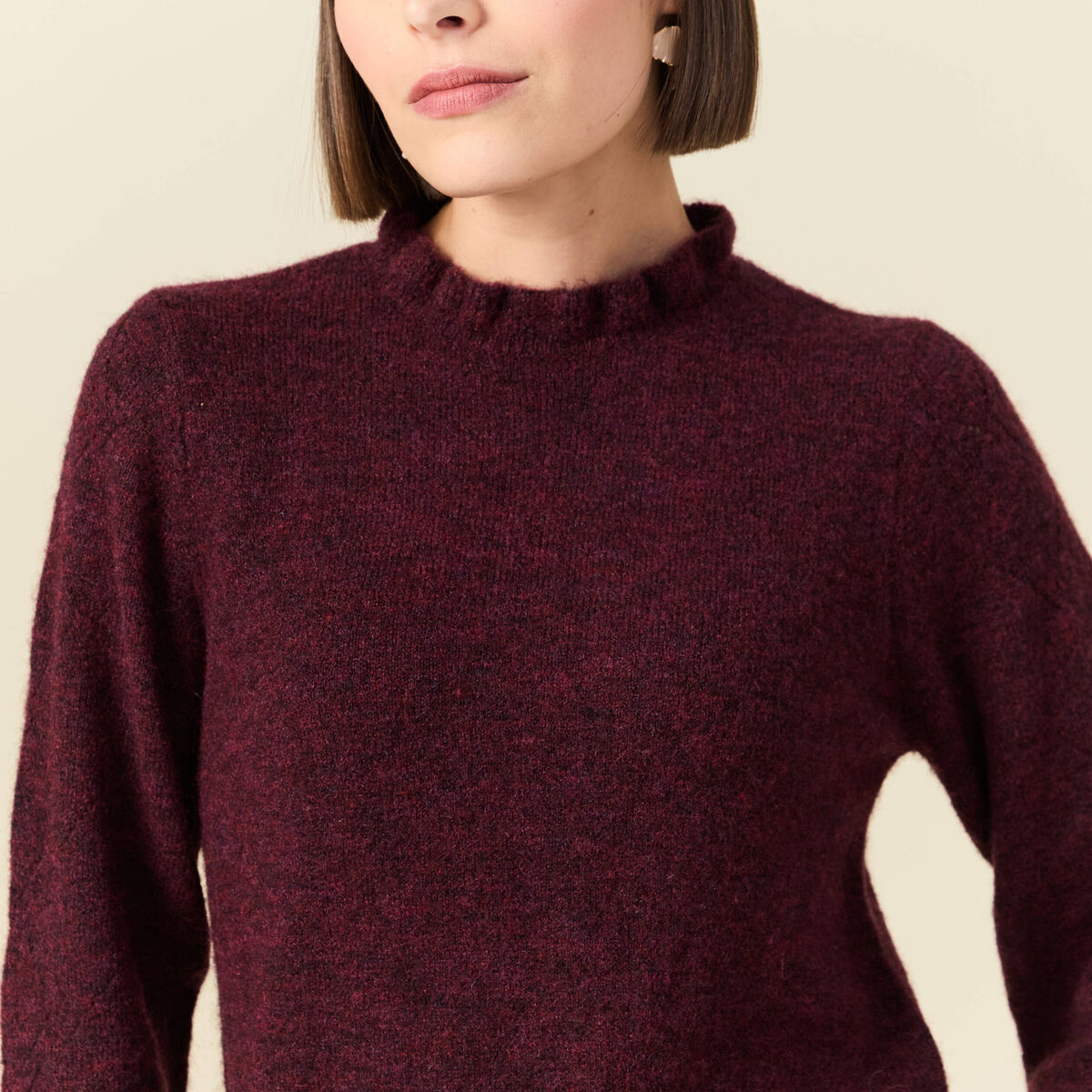 Pull col montant manches longues bordeaux femme