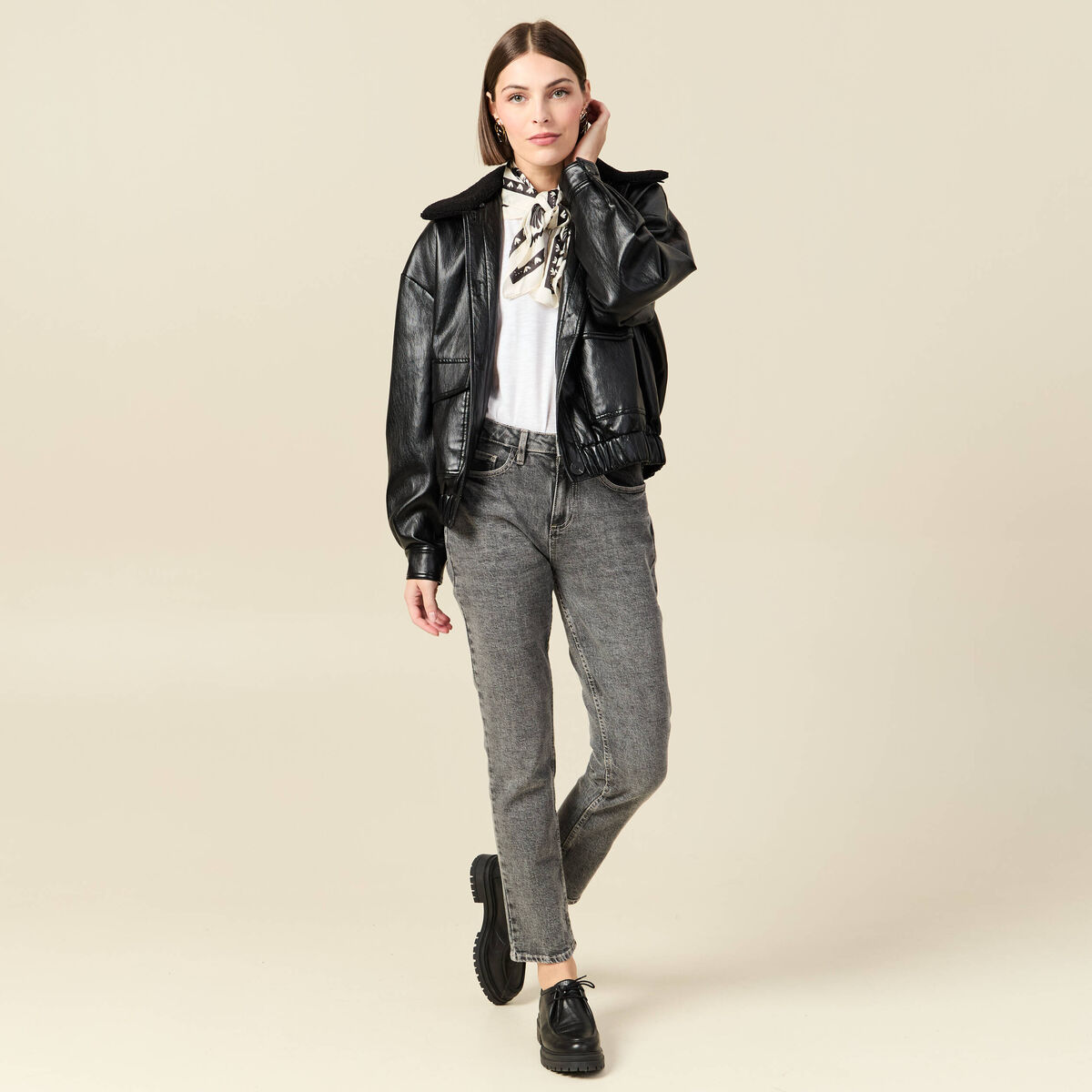 Jeans slim 7/8&egrave;me taille haute denim gris femme