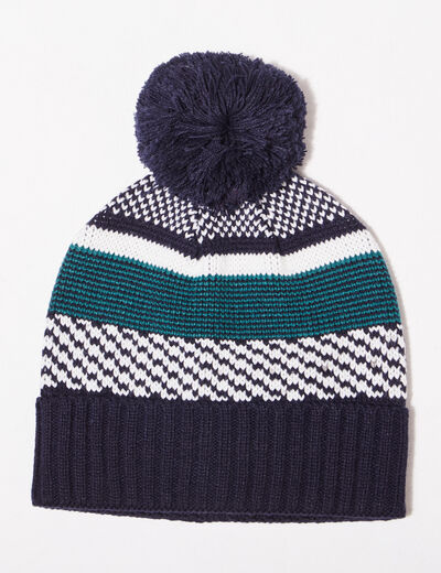 Bonnet tricoté à pompon bleu foncé homme