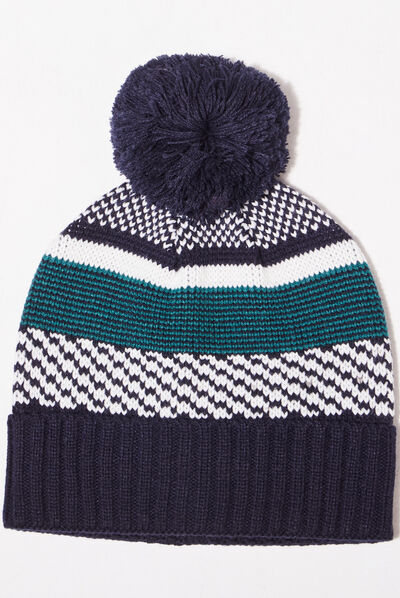 Bonnet tricoté à pompon bleu foncé homme