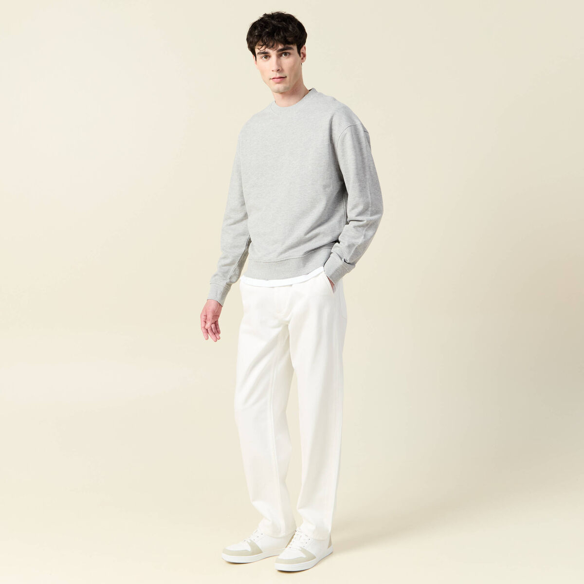 Sweat col rond manches longues en coton gris homme