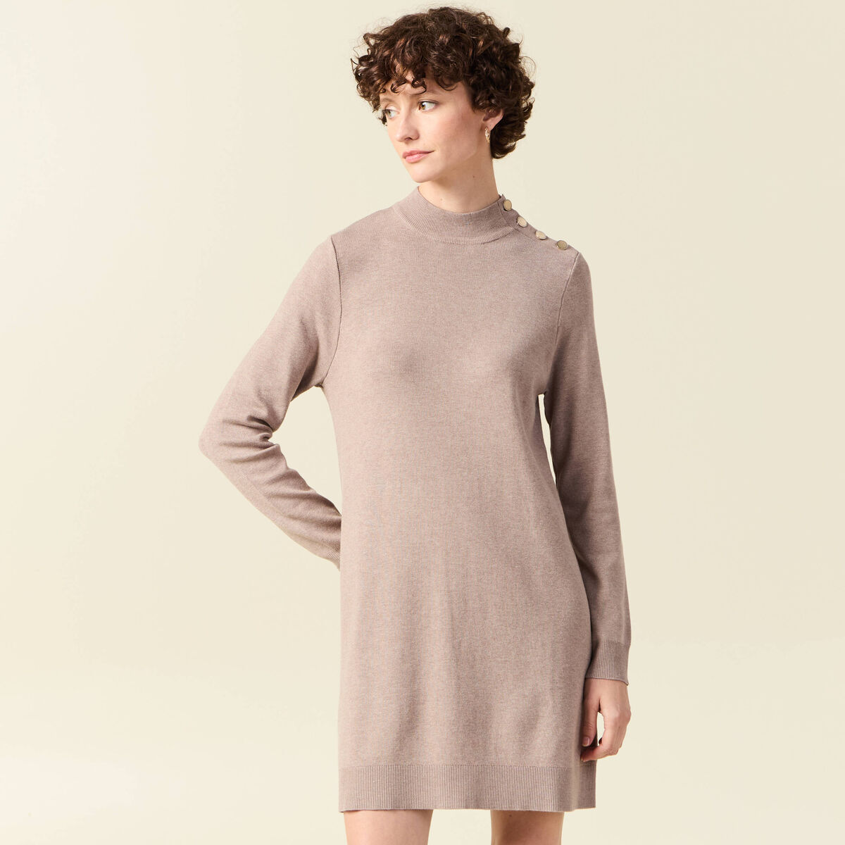 Robe pull droite col montant taupe femme