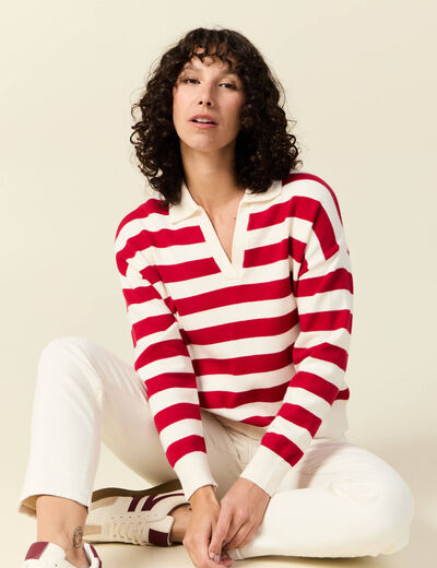 Pull manches longues col polo ecru femme