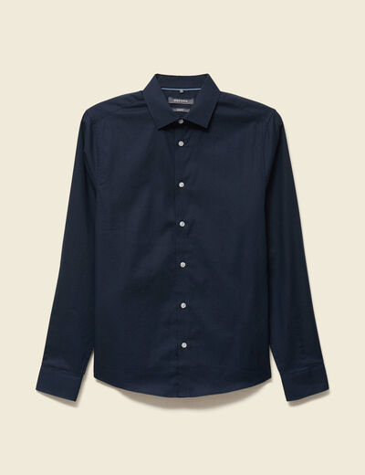 Chemise cintr&eacute;e en coton manches longues bleu marine homme