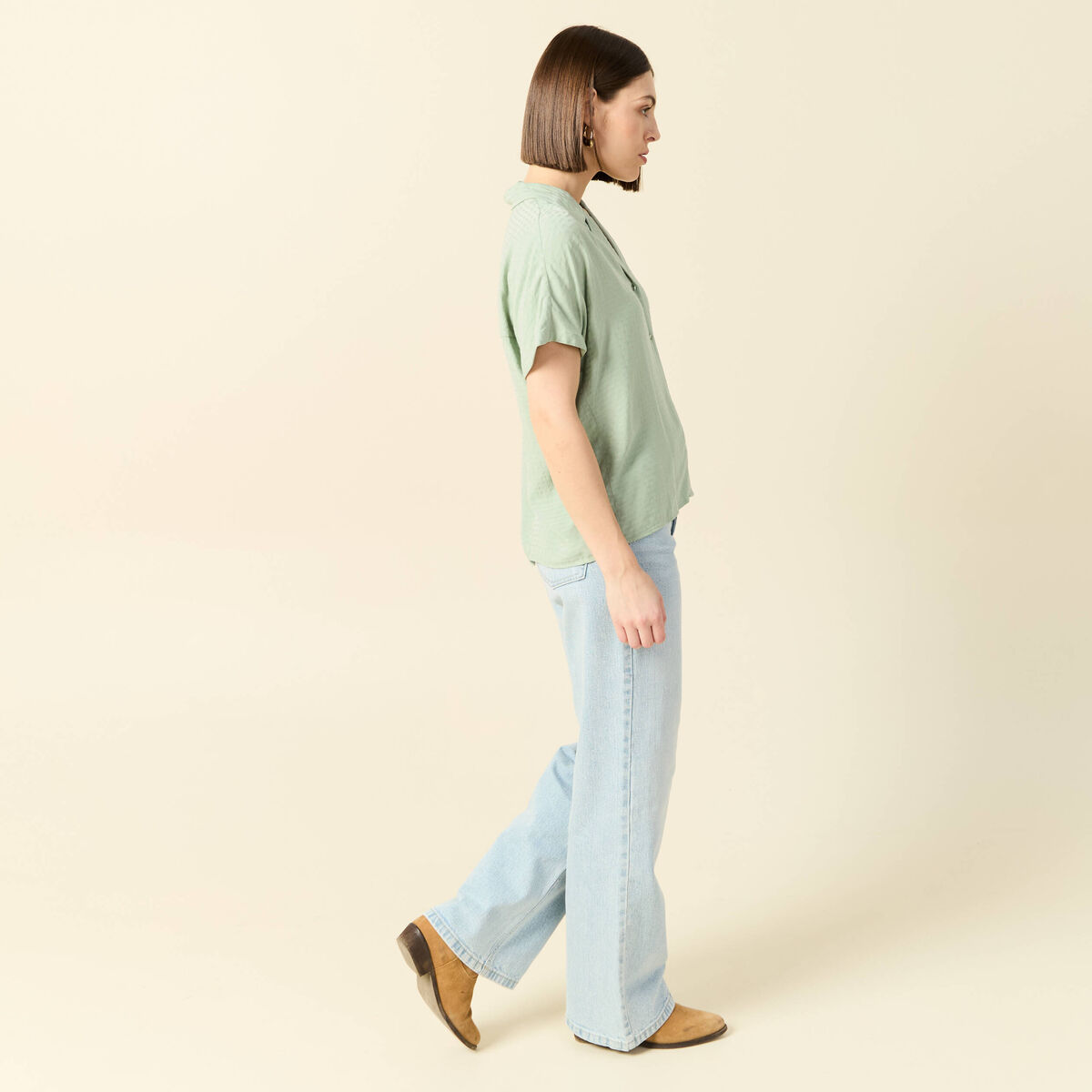 Chemise manches courtes vert olive femme