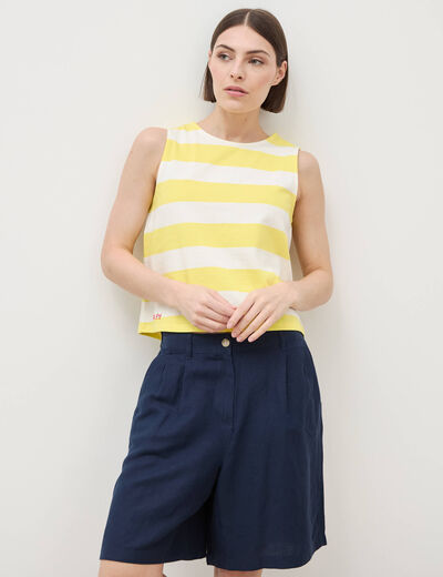 D&eacute;bardeur ray&eacute; col rond en coton jaune femme