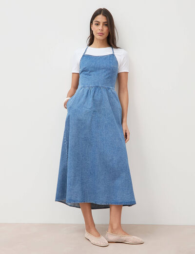 Robe bretelle en jeans col rond denim used femme