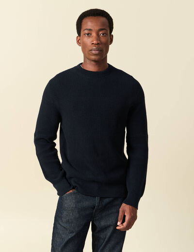 Pull col rond manches longues en coton bleu marine homme