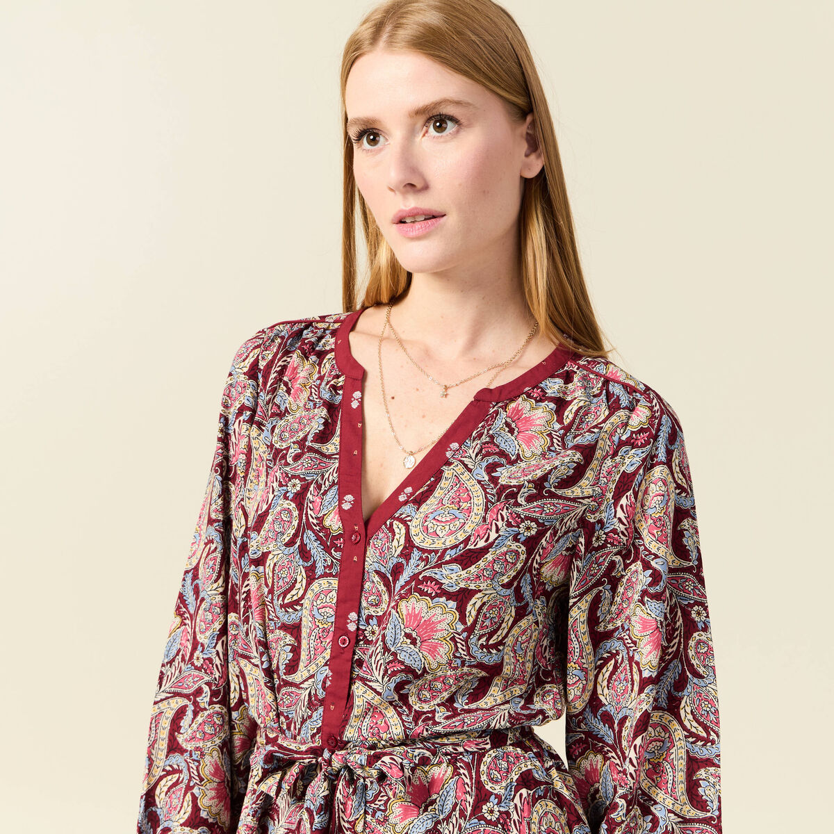 Robe midi chemise évasée rouge foncé femme