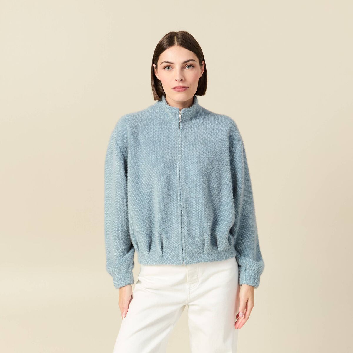 Gilet zipp&eacute; manches longues gris femme