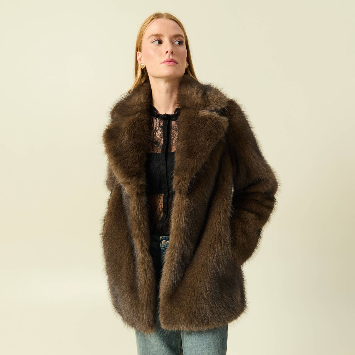 Manteau manches longues doubl&eacute; marron femme