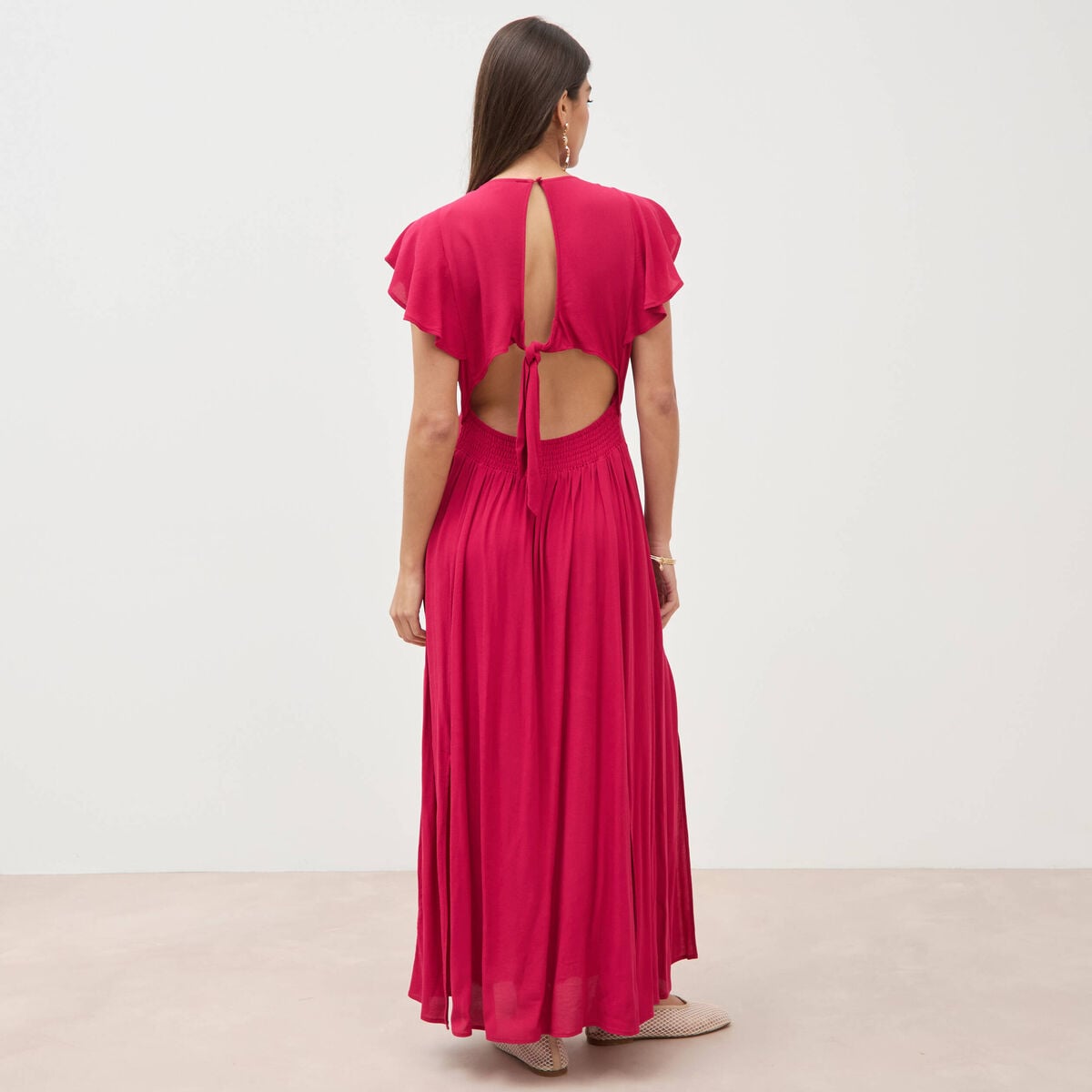 Robe fluide col v manches courtes rouge clair femme