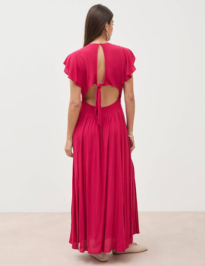 Robe fluide col v manches courtes rouge clair femme