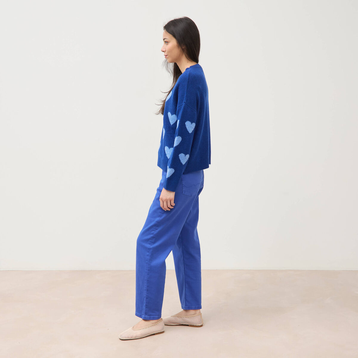 Pull manches longues bouclette col rond bleu electrique femme