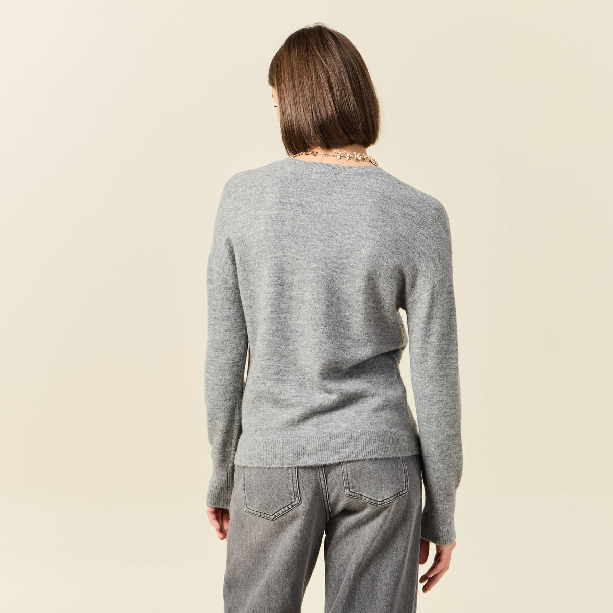 Pull manches longues sequins gris clair femme
