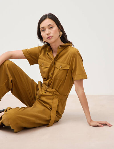 Combinaison salopette col am&eacute;ricain vert olive femme