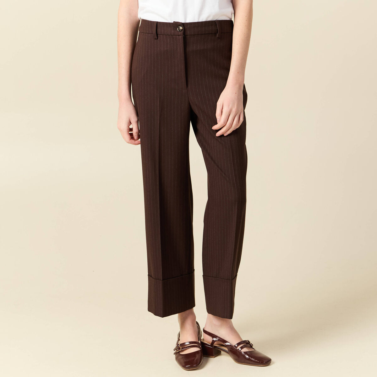 Pantalon taille haute marron fonc&eacute; femme