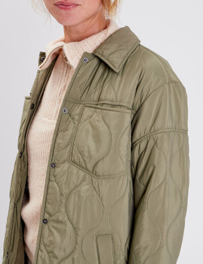 Veste droite matelass&eacute;e col chemise vert kaki femme