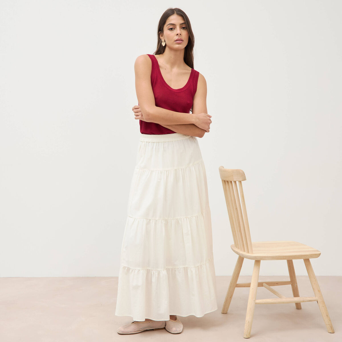 Jupe longue &eacute;vas&eacute;e en coton doubl&eacute;e ecru femme