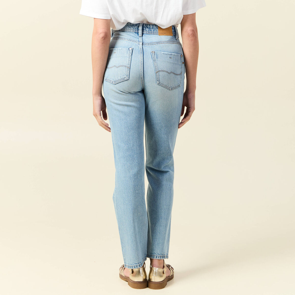 Jeans straight taille haute 7/8&egrave;me denim baby bleu femme